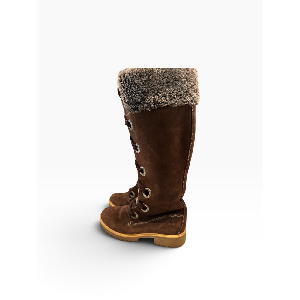 Timberland Womens Brown Suede Tall Lace Up Boots Faux Fur Trim Lug Sole